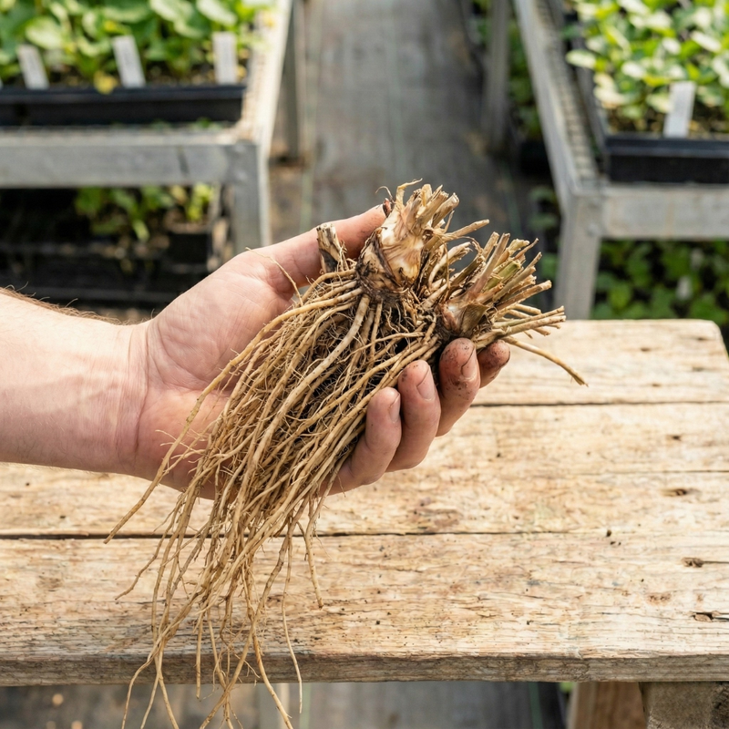 Hand holding a bundle of roots on a wooden table with plants in the background