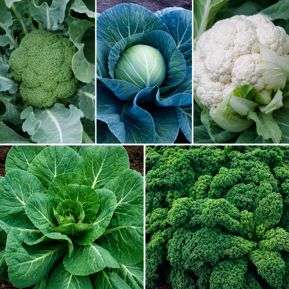 A five-panel collage showing different green vegetables: a broccoli head, a cabbage ball, a cauliflower, a leafy green cabbaget, and a close-up of curly broccoli.