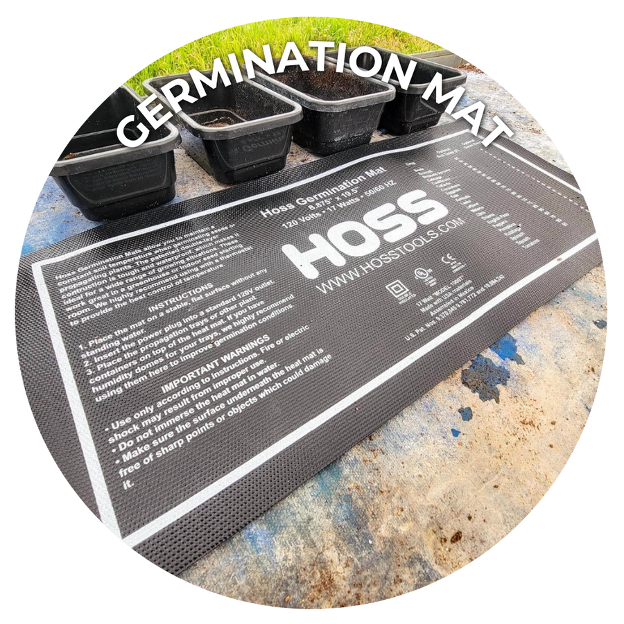 Black germination mat with the Hoss logo printed on it