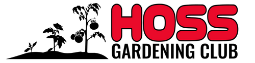 Black and red logo that says Hoss Gardening Club with tomato plants displayed beside it. 