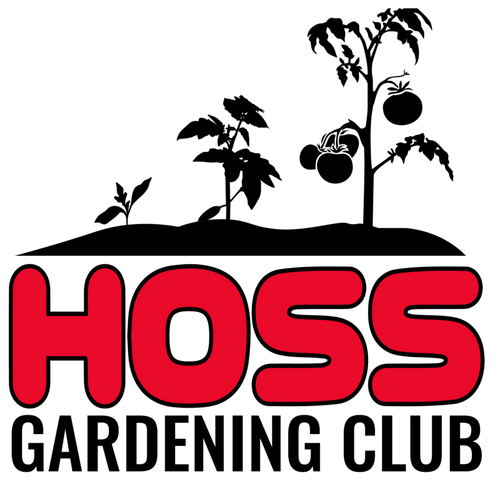Black and red logo that says Hoss Gardening Club with tomato plants displayed above it. 